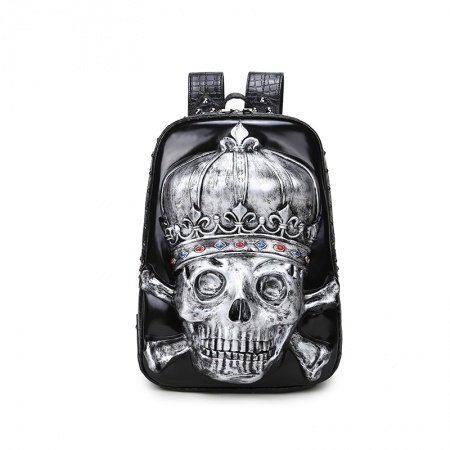 Vintage Black Leather Engraved Metallic Silver Skull Boys School Book Bag Unique Punk Rock and Roll Rivet Studded Travel Backpack
