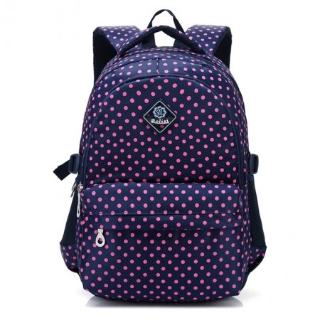 Luxury Dark Blue and Pink Nylon Elegant Girly Cute Girls Campus Book Bag Trend Polka Dot Print Zipper Pupil Preppy School Backpack