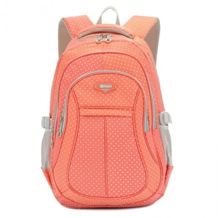 Durable Waterproof Coral Orange and White Nylon Girls School Campus Book Bag Stylish Polka Dot Print Zipper Casual Travel Backpack