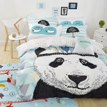 Kids Black White and Light Blue Panda Print Jungle Safari Animal Themed 100% Organic Cotton Full, Queen Size Bedding Sets