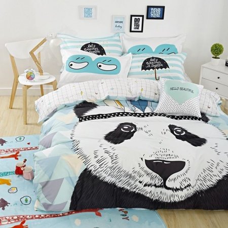 Kids Black White and Light Blue Panda Print Jungle Safari Animal Themed 100% Organic Cotton Full, Queen Size Bedding Sets