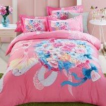 Hot Pink Blue and White Fairy Style Floral Print Elegant Girls 100% Brushed Cotton Full, Queen Size Bedding Sets