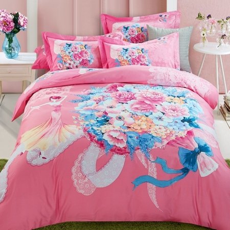 Hot Pink Blue and White Fairy Style Floral Print Elegant Girls 100% Brushed Cotton Full, Queen Size Bedding Sets