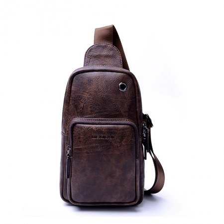 Vintage Brown Distressed Waxed Leather Men Crossbody Shoulder Chest Bag Unique Sewing Pattern Travel Hiking Cycling Sling Backpack