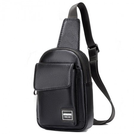 Vintage Black Distressed Patent Leather Men Crossbody Shoulder Chest Bag Gorgeous Sewing Pattern Casual Travel Hiking Flap Sling Backpack