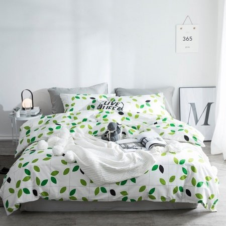 Trendy Teens Green and White Tropical Hawaiian Leaf Print French Country Chic Twin, Full, Queen Size Bedding Sets