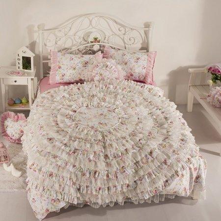 Elegant Girls White and Pink Ruffle and Lace Frilly Vintage Shabby Chic Twin, Full, Queen Size Bedding Sets