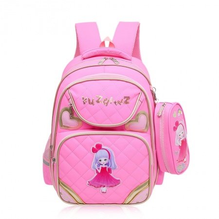 Pale Pink Polyester with Gold Trim Girls Pupil Preppy School Book Bag Lightweight Quilted Heart Pattern Campus Flap Backpack