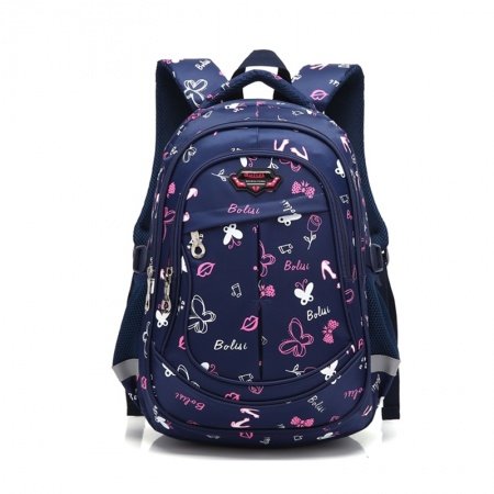 Dark Blue White and Pink Polyester Girls Pupil School Book Bag Butterfly Anchor Monogrammed Leaf Print Campus Backpack
