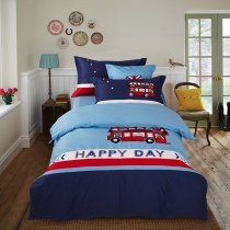 Navy Blue White Red and Aqua Bus and Monogrammed Print Twin, Full Size Bedding Sets