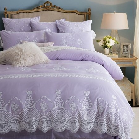 Elegant Girls Lilac Purple and White Flower Pattern Victorian Lace Style Full, Queen Size Bedding Sets