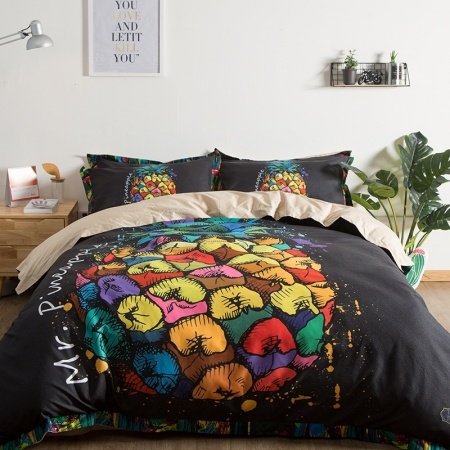 Hipster Orange Yellow Red Blue and Black Colorful Pineapple Print Funky Unique Twin, Full, Queen Size Bedding Sets