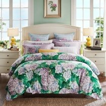Emerald Green White and Purple Hydrangea Flower Print Tropical Hawaiian Botanical Elegant Adults Full, Queen Size Bedding Sets