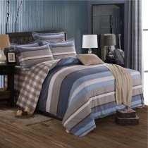 Dusty Blue White and Taupe Brown Nautical Stripe and Plaid Print Simply Shabby Chic Full, Queen Size Bedding Sets