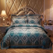 Unique Gold and Teal Ikat Pattern Patchwork Abstract Glitter Jacquard Satin Full, Queen Size Bedding Sets