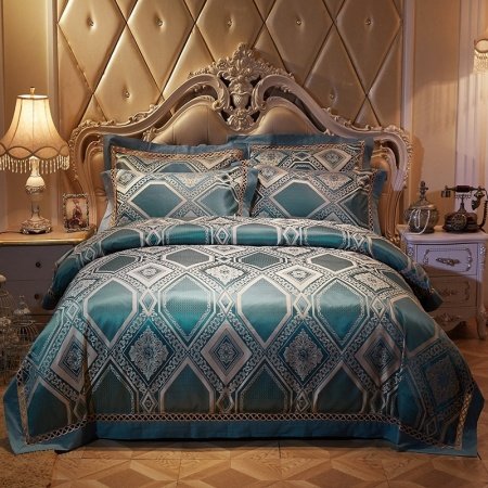 Unique Gold and Teal Ikat Pattern Patchwork Abstract Glitter Jacquard Satin Full, Queen Size Bedding Sets