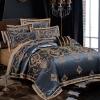 Midnight Blue and Gold Medieval Indian Pattern Glam Royal Style Luxury Jacquard Satin Full, Queen Size Bedding Sets