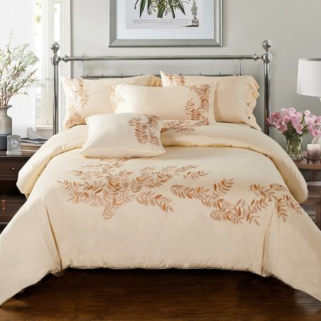 Beige and Gold Fern Leaf Luxury Boutique Soft Full, Queen Size Bedding Sets