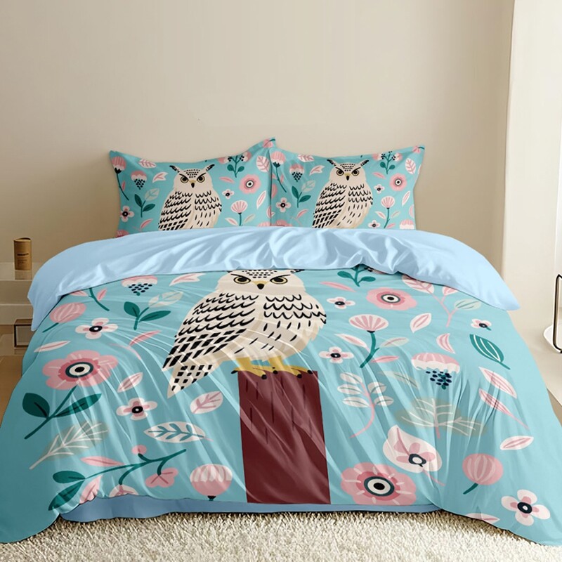 Owl Print Light Blue Kids Twin, Full Size Bedding Sets
