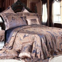 Gold Tan and Blue Boho Style Western Paisley Park Luxury Jacquard Design 100% Pure Silk Queen Size Bedding Sets