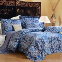 Peacock Blue and Grey Indian Style Tribal Pattern Print 100% Egyptian Cotton Full, Queen Size Bedding Sets