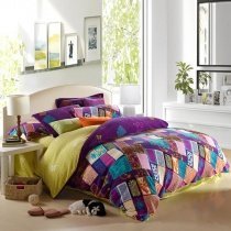 Purple Teal and Pink Yellow Bohemian Chic Tribal Style Patchwork Plaid and Jungle Themed Full, Queen Size Bedding Sets