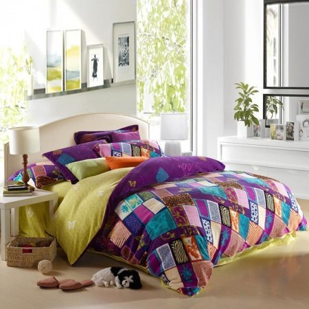 Purple Teal and Pink Yellow Bohemian Chic Tribal Style Patchwork Plaid and Jungle Themed Full, Queen Size Bedding Sets