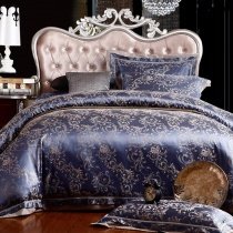 Boutique Dark Glaucous Blue and Gold Vintage Chic Floral Print Luxury Satin Jacquard Design Full, Queen Size Bedding Sets