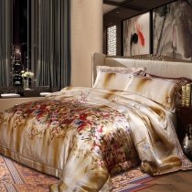 Red Gold and Beige Country Floral 100% Mulberry Silk Satin Full, Queen Size Bedding Sets