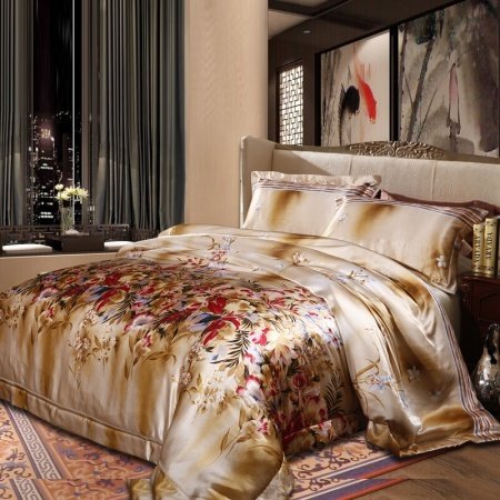 Red Gold and Beige Country Floral 100% Mulberry Silk Satin Full, Queen Size Bedding Sets
