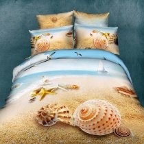 Light Tan and Sky Blue Ocean Themed Beach Scene Starfish and Seashell Print with Sail Boat and Seagull Full Size 3D Design Bedding Sets