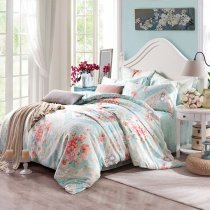 Celeste Green and Peach Pink Rustic Flower Print and Bohemian Tribal Pattern Abstract Design 100% Tencel Full, Queen Size Bedding Sets