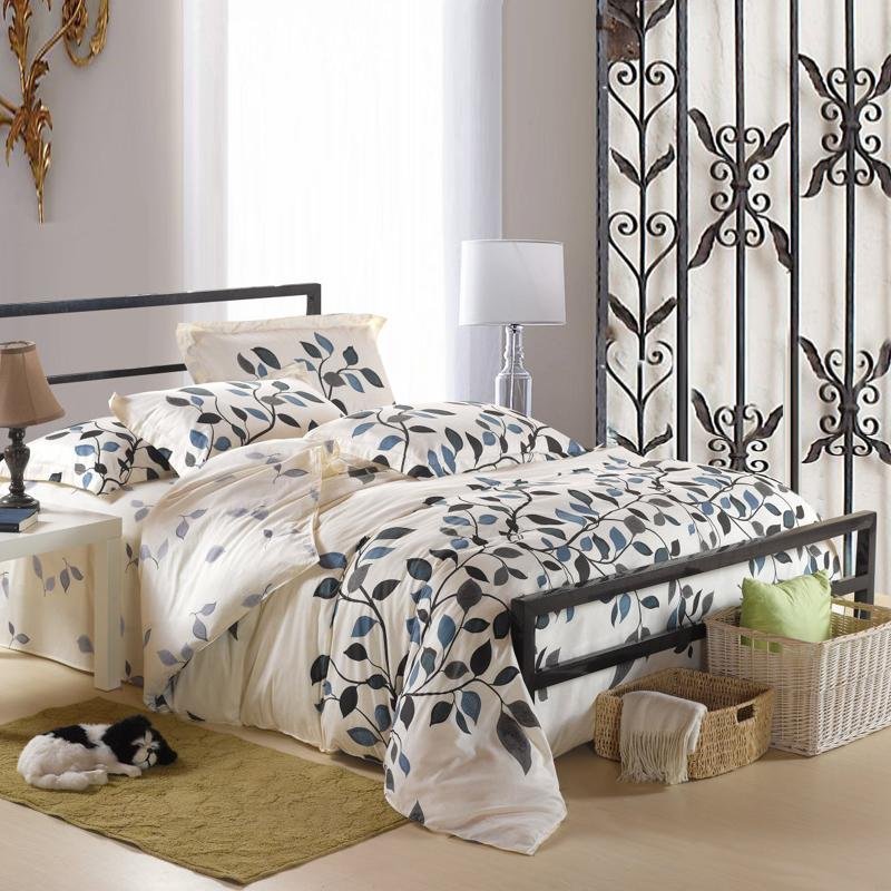 Gray and Beige Autumn Scene Tree Top and Leaf Pattern Full, Queen Size