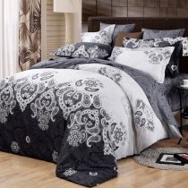 Black and Light Grey Medieval Pattern Tribal Print Classic Baroque Style Luxury Persian Themed 100% Cotton Damask Full, Queen Size Bedding Sets