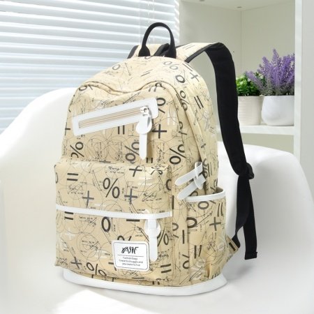 Khaki Brown Canvas with White Leather Trim Preppy Style Girls School Backpack Personalized Mathematical Notation Travel Bag