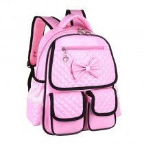 Durable Shiny Pink Embossed Patent Leather Sewing Pattern Girls School Backpack Stylish Black Trim Cute Bow Pupil Preppy Book Bag