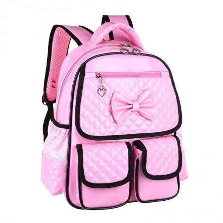 Durable Shiny Pink Embossed Patent Leather Sewing Pattern Girls School Backpack Stylish Black Trim Cute Bow Pupil Preppy Book Bag