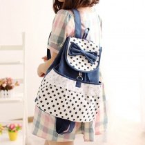 Deep Blue White Canvas Cute Bow Ruffle Lace Casual Travel School Flap Drawstring Backpack Personalized Polka Dot Girls Preppy Book Bag