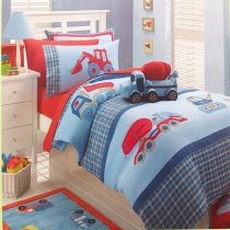 Kids Red Light Blue and Deep Blue Excavator and Truck Print Cartoon Themed Modern Chic 100% Cotton Twin, Full Size Bedding Sets