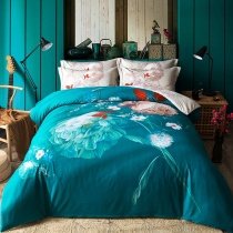 Dark Teal Taupe Gray Red and White Tropical Flower Print Rustic Style 100% Cotton Damask Full, Queen Size Bedding Sets