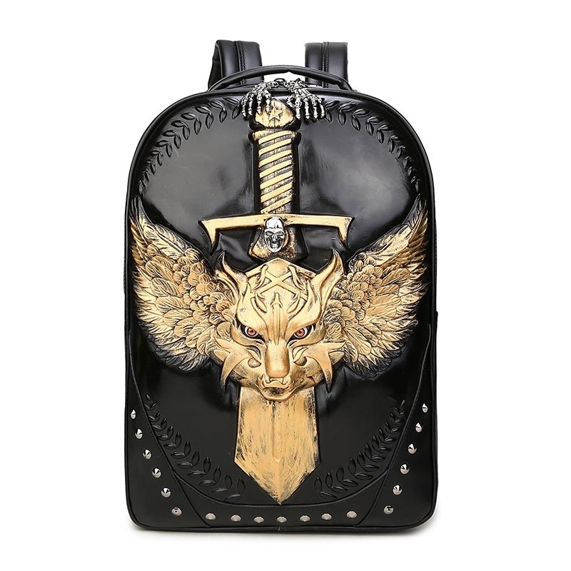 Black Patent Leather Engraved Metallic Gold Dragon Cool Men Travel Backpack Punk Rock and Roll ...