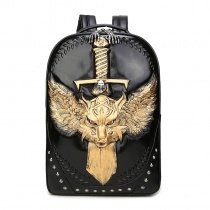 Black Patent Leather Engraved Metallic Gold Dragon Cool Men Travel Backpack Punk Rock and Roll Skull Rivet Studded School Campus Book Bag