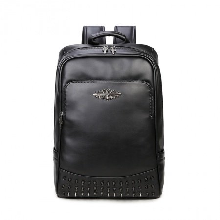 Durable Black Patent Leather Spikes Rivet Studded Men Travel Backpack Punk Rock and Roll Sewing Pattern Sequin School Campus Book Bag