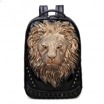 Black Patent Engraved Metallic Gold Lion Head Men Large Travel Backpack Punk Rock and Roll Spike Rivet Studded School Campus Book Bag