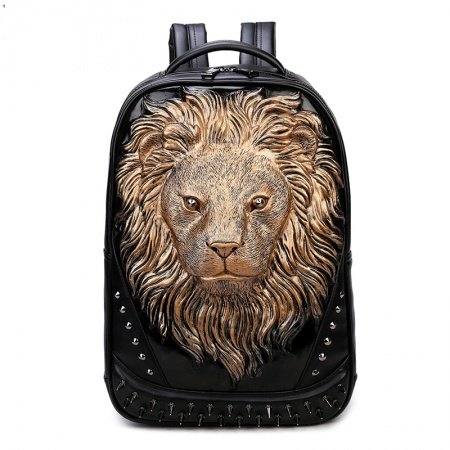 Black Patent Engraved Metallic Gold Lion Head Men Large Travel Backpack Punk Rock and Roll Spike Rivet Studded School Campus Book Bag