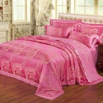Mexican Pink and Gold Rustic Flower Pattern Sequin Asian Inspired Embroidered Design Luxury Jacquard Fabric Full, Queen Size Bedding Sets
