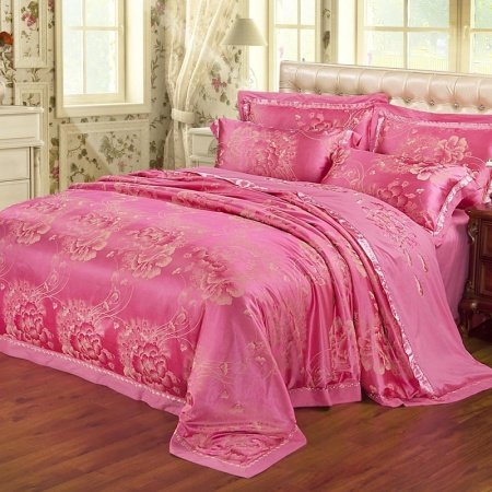 Mexican Pink and Gold Rustic Flower Pattern Sequin Asian Inspired Embroidered Design Luxury Jacquard Fabric Full, Queen Size Bedding Sets