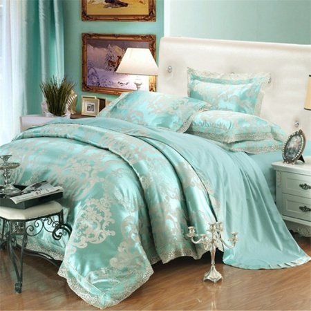 Bright Turquoise and Silver Gothic Pattern Baroque Style Antique Lace Design Upscale Jacquard Satin Full, Queen Size Bedding Sets