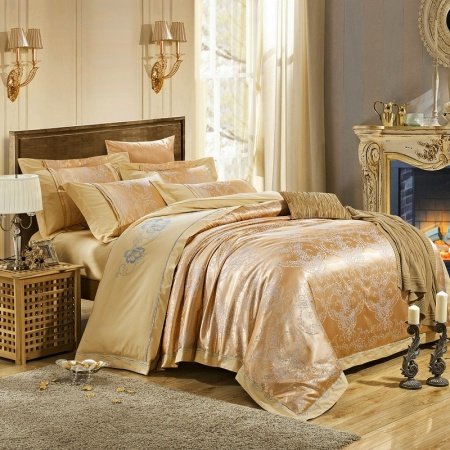 Sparkly Metallic Gold Gothic Pattern European Style Embroidered Design Boutique Jacquard Satin Fabric Full, Queen Size Bedding Sets