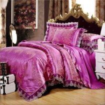 Noble Excellence Red-violet and Gold Western Paisley Pattern Sophisticated Design Sequin Jacquard Satin Full, Queen Size Bedding Sets